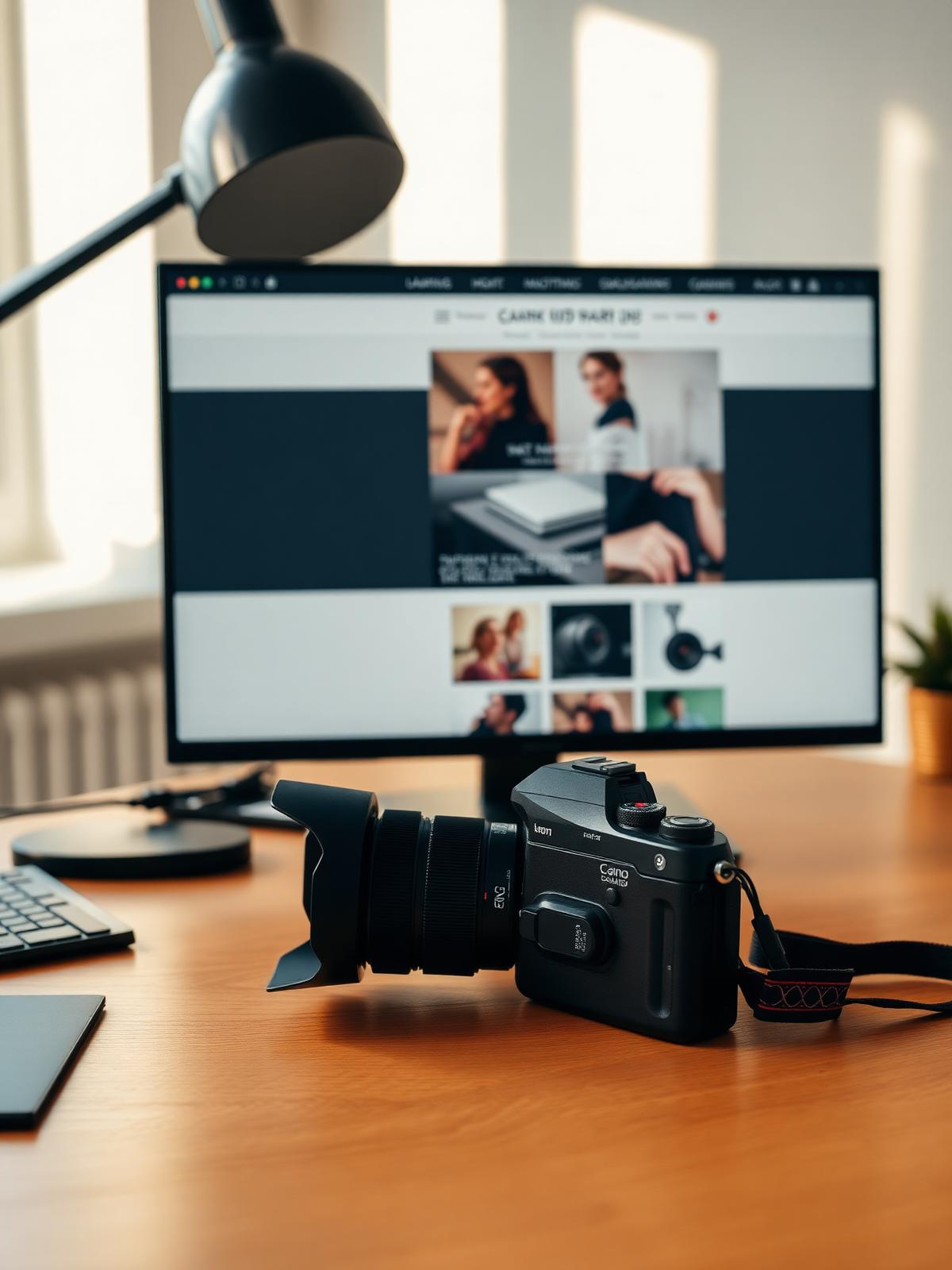 A minimalist studio workspace with camera and website design on screen